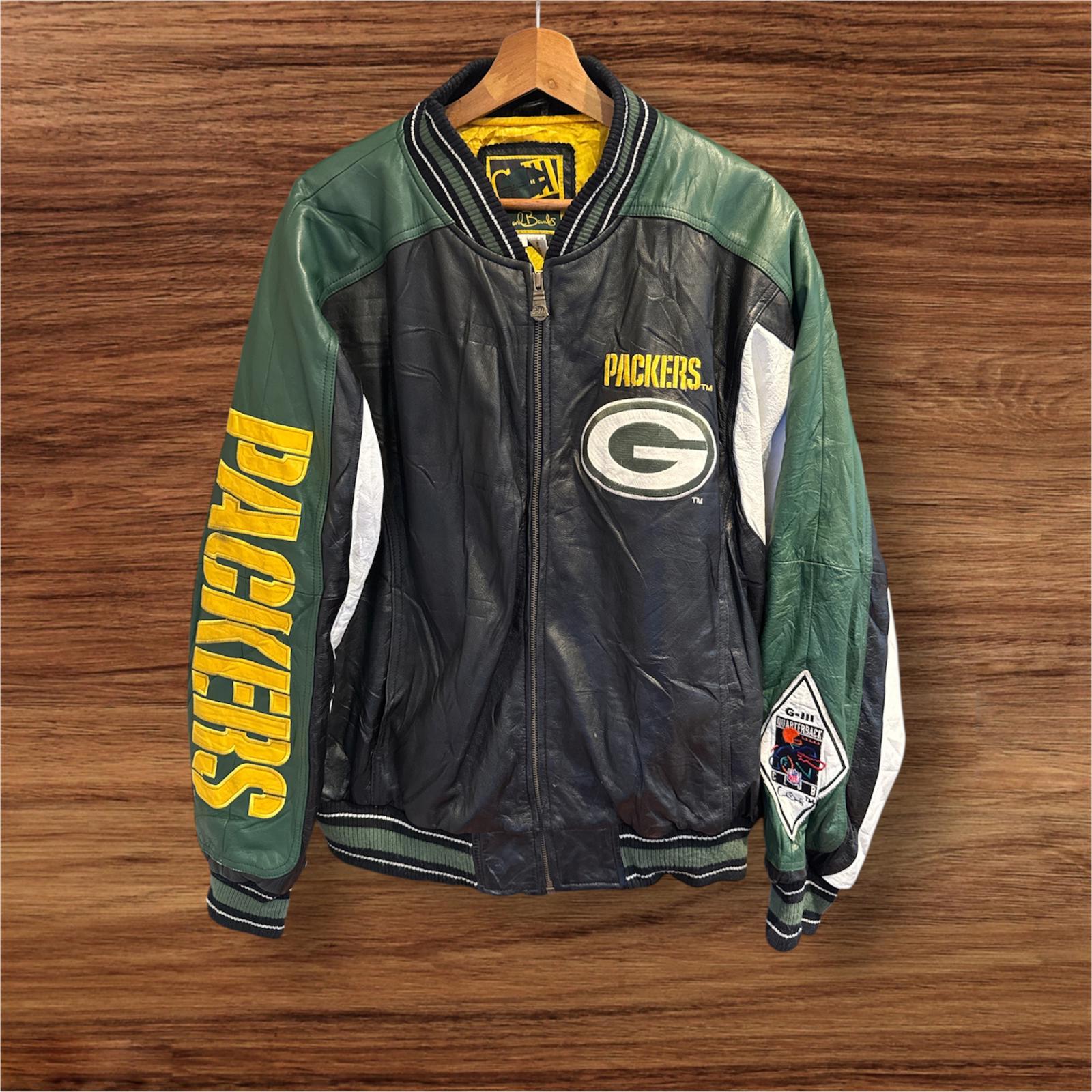Mens Leather and embroidery varsity Carl Banks Green Bay Packers jacke