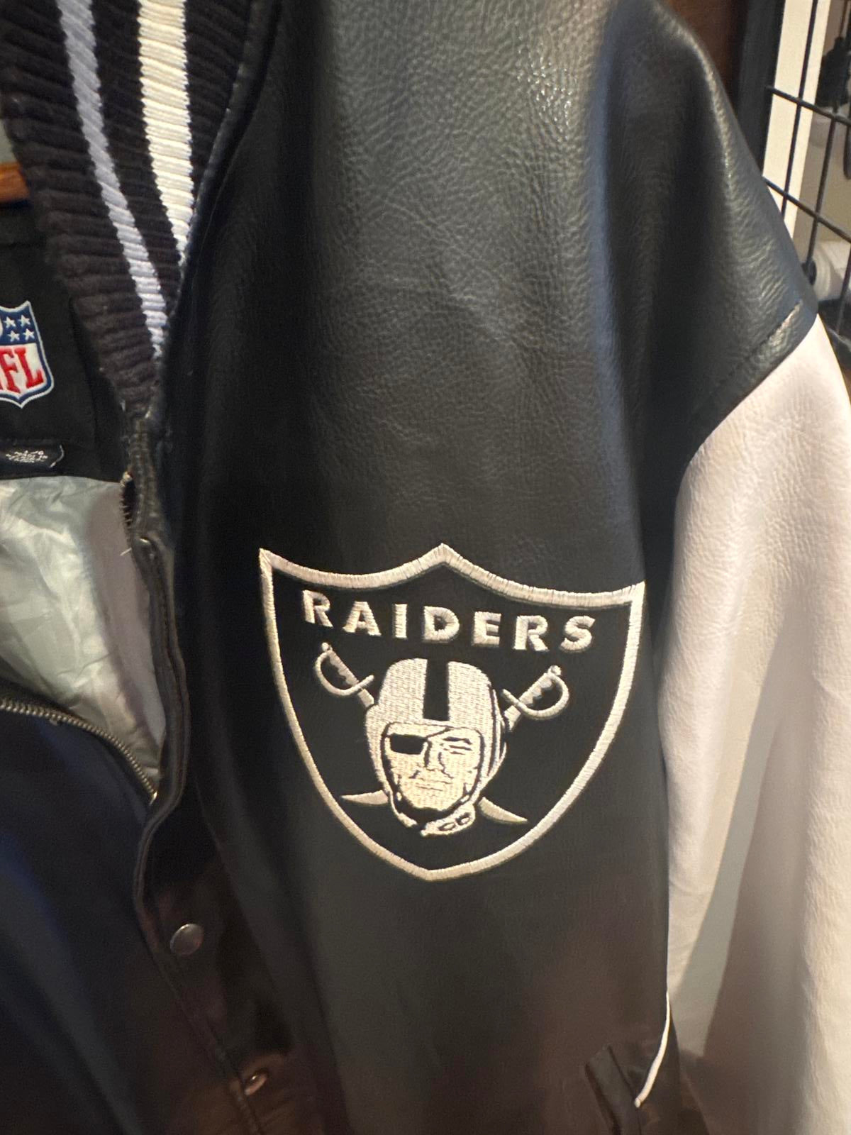 Mens leather full embroidered NFL Raiders varsity jacket