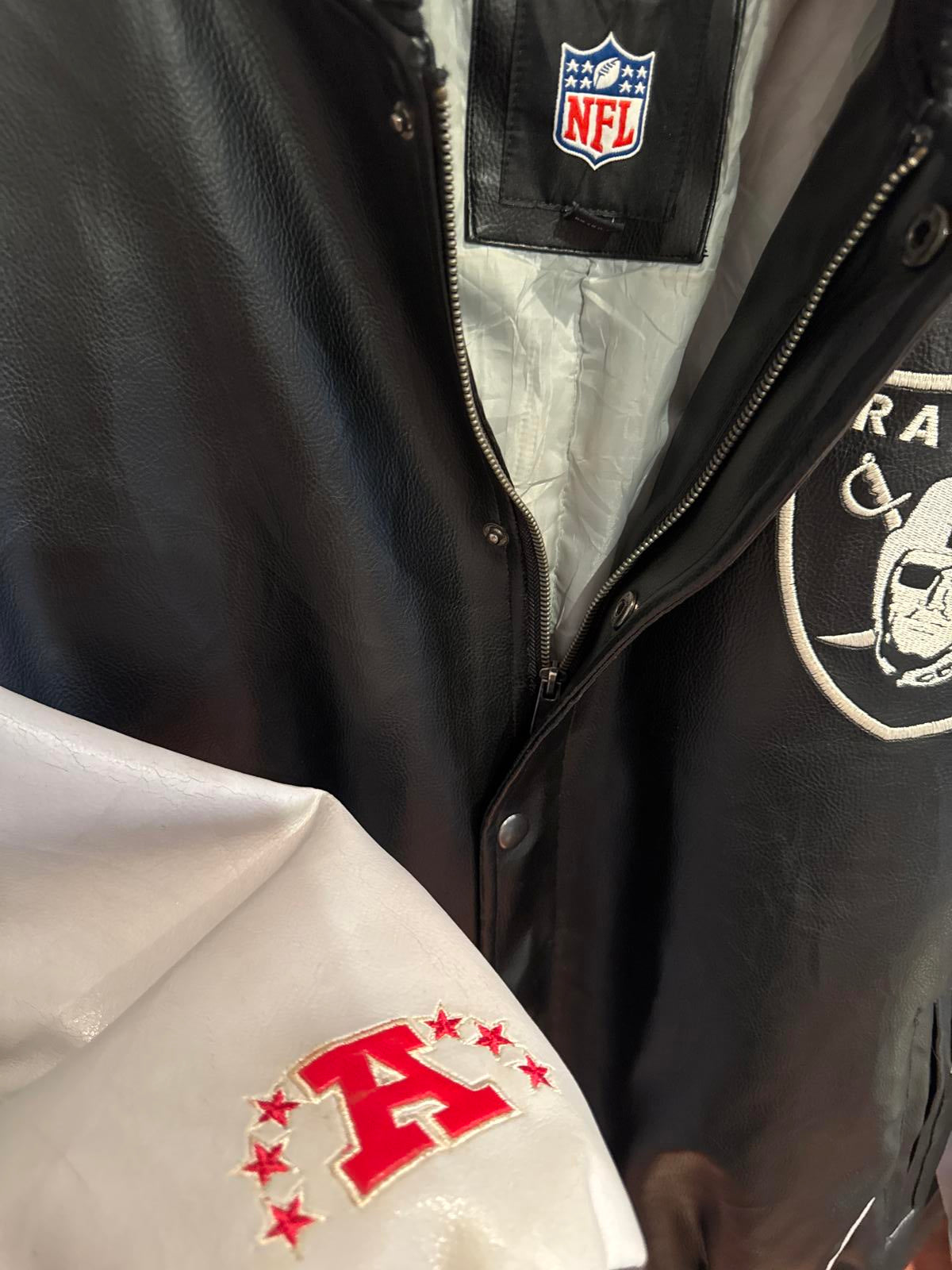 Mens leather full embroidered NFL Raiders varsity jacket