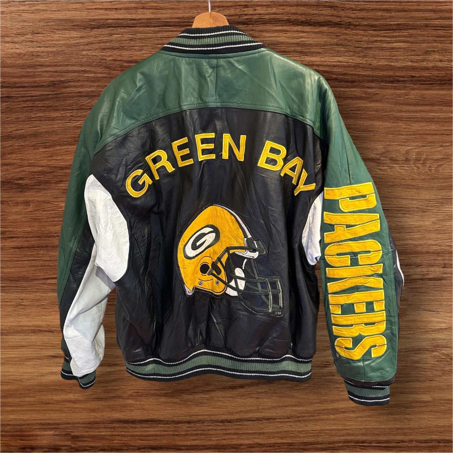Mens Leather and embroidery varsity Carl Banks Green Bay Packers jacket