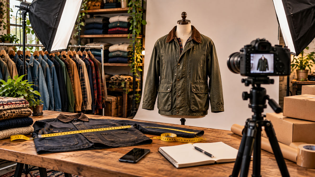 Vintage clothing reseller photography studio with garment measurements, camera, lights and packing supplies