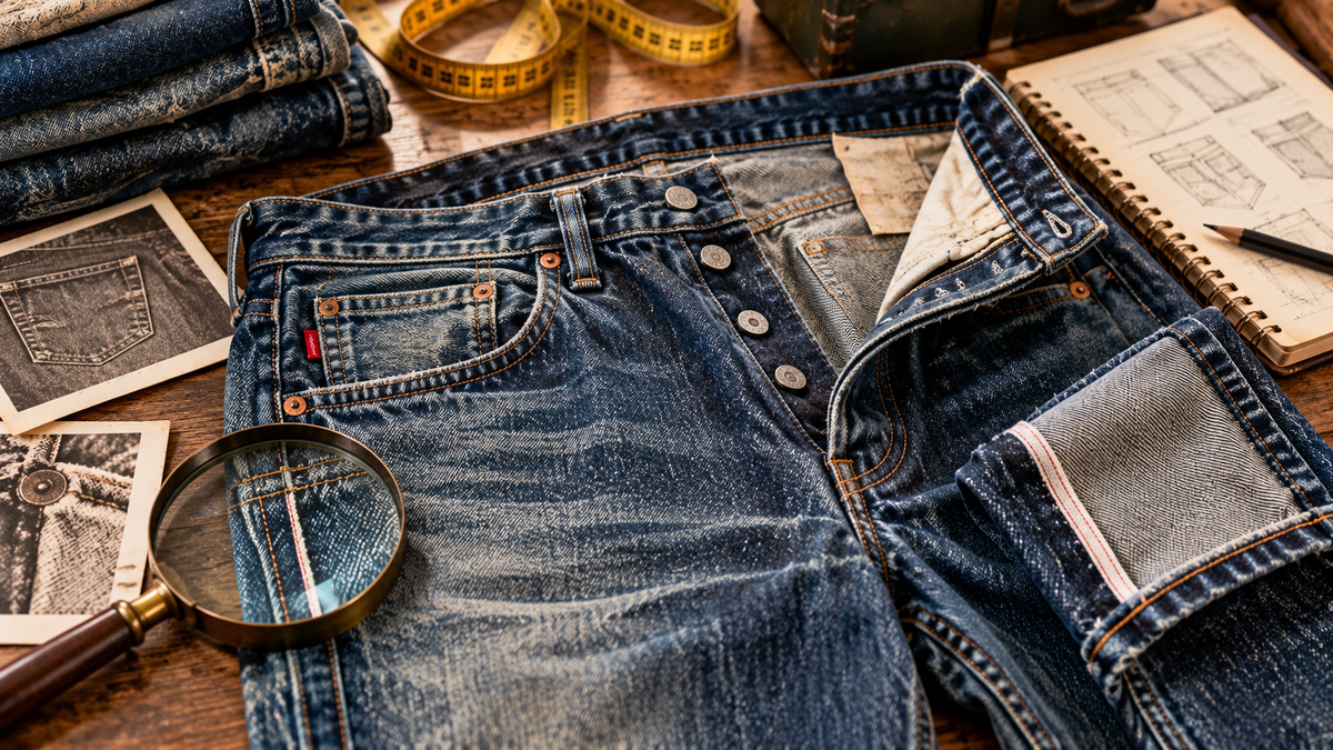Vintage denim inspection with button fly, rivets, selvedge, measuring tape and magnifying glass