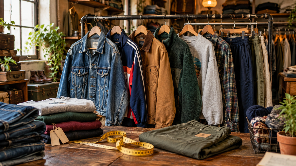 Vintage clothing shop with mixed eras, garments and measuring tape