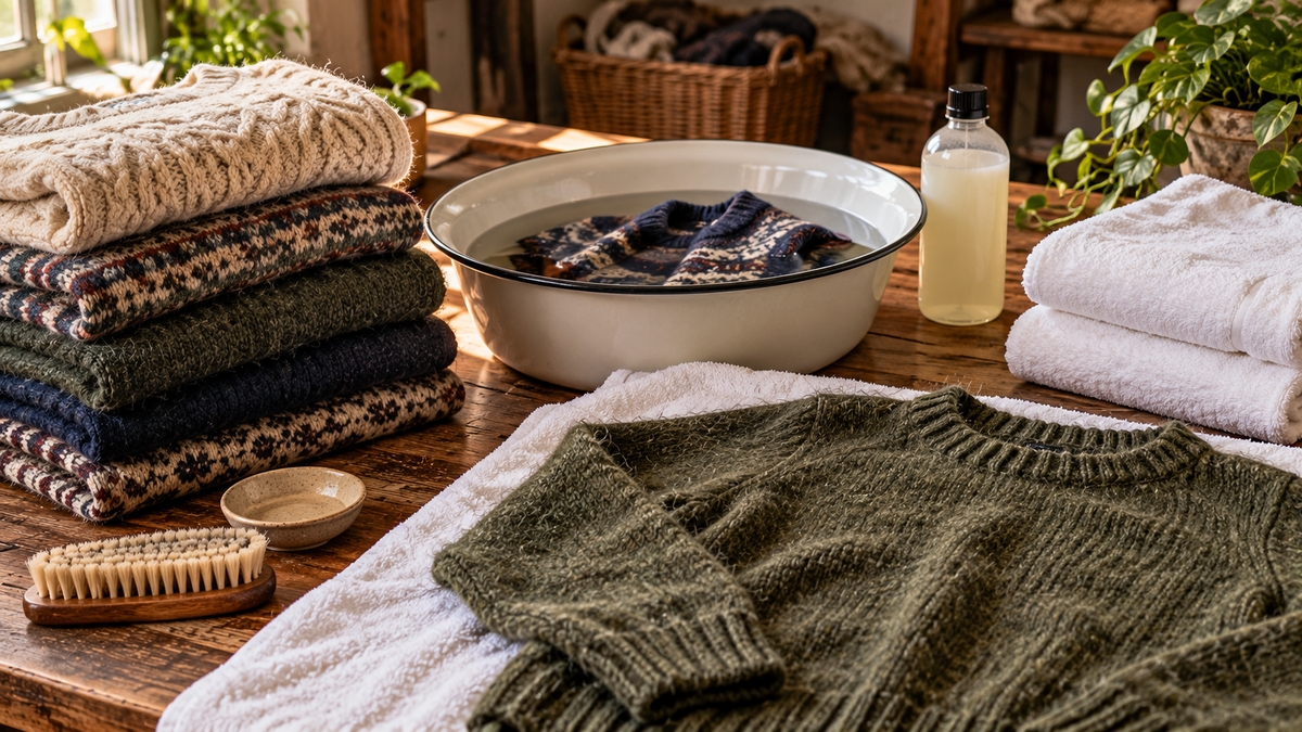 Vintage wool knitwear care setup with folded jumpers, wash basin, towels and clothes brush
