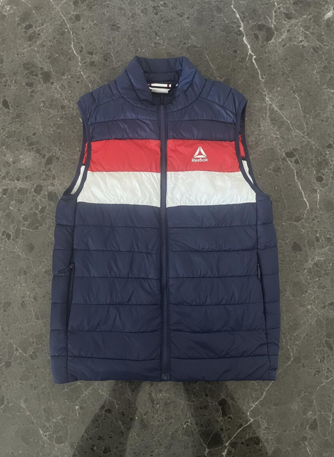 Reebok Men's Puffer Vest Navy Blue with Red and White Stripe
