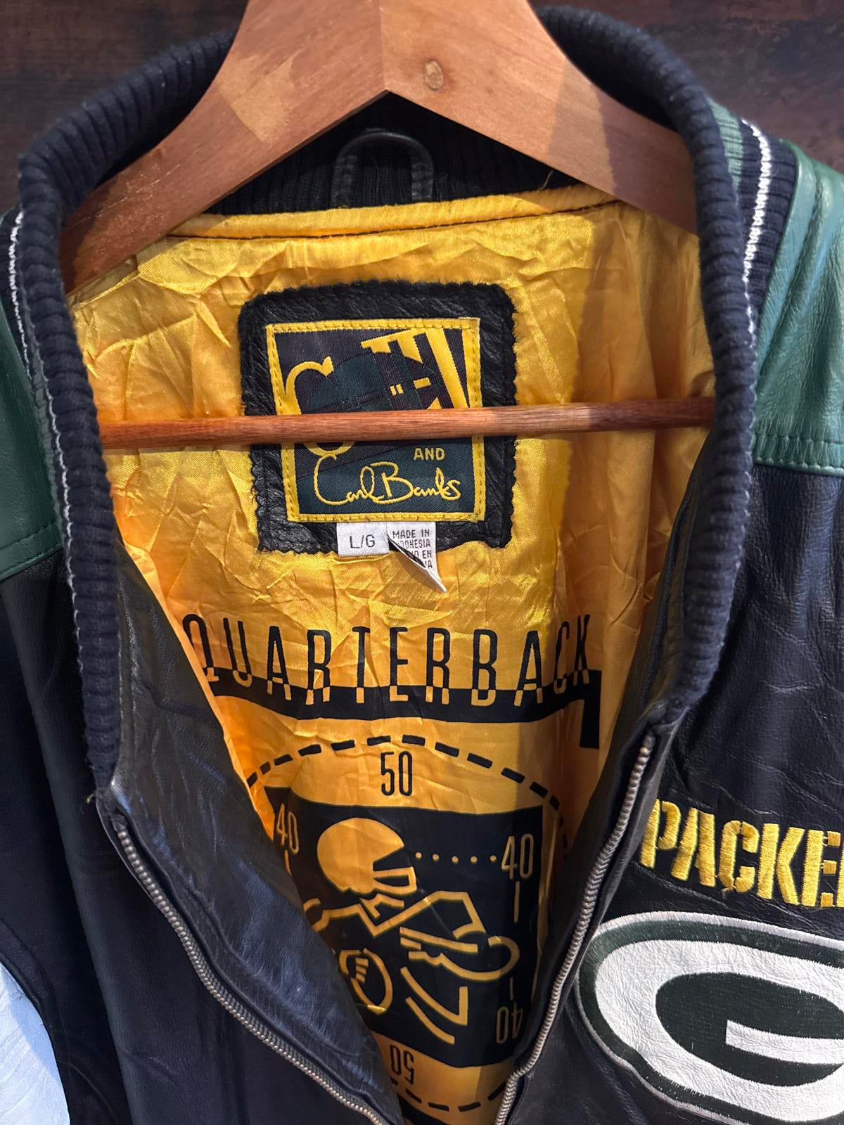 Mens Leather and embroidery varsity Carl Banks Green Bay Packers jacket