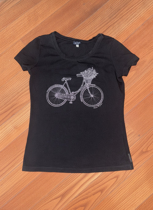 Armani Jeans Black T-Shirt with Bicycle and Flowers Graphic,