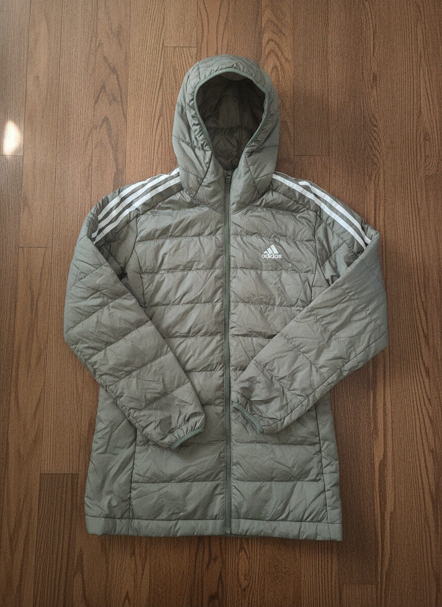 Adidas Puffer Jacket with Hood in Olive Green, Size S