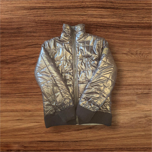 Reversible puffer jacket in black and grey striped