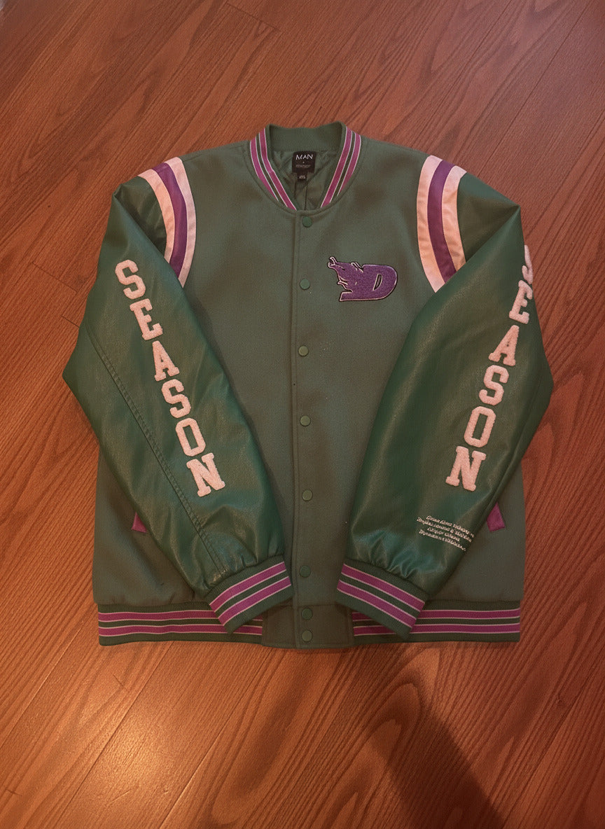 Man x Gababy Limited Edition Green and Purple Varsity Jacket