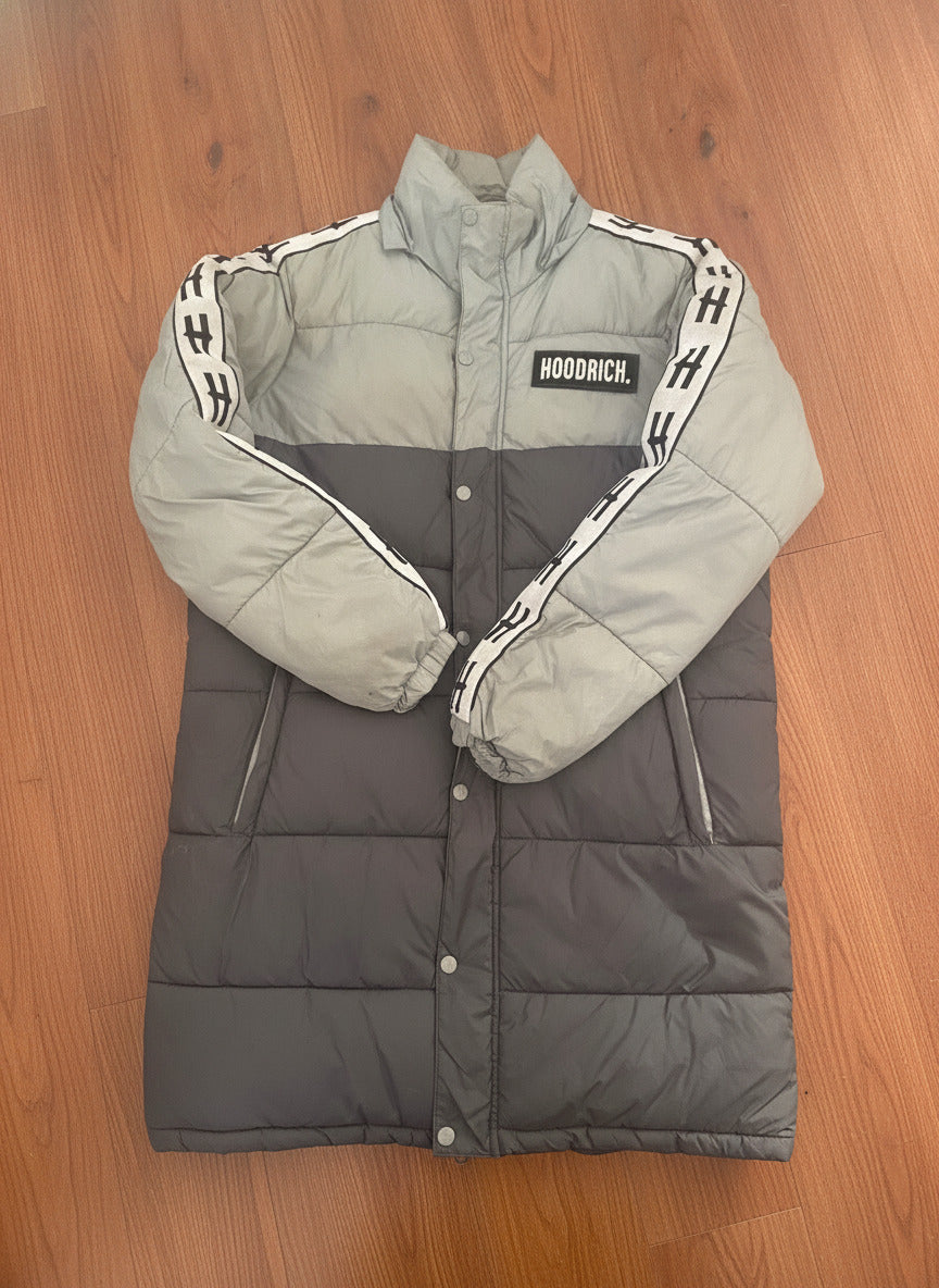 Hoodrich Long Puffer Jacket in Grey and Black with Logo Tape