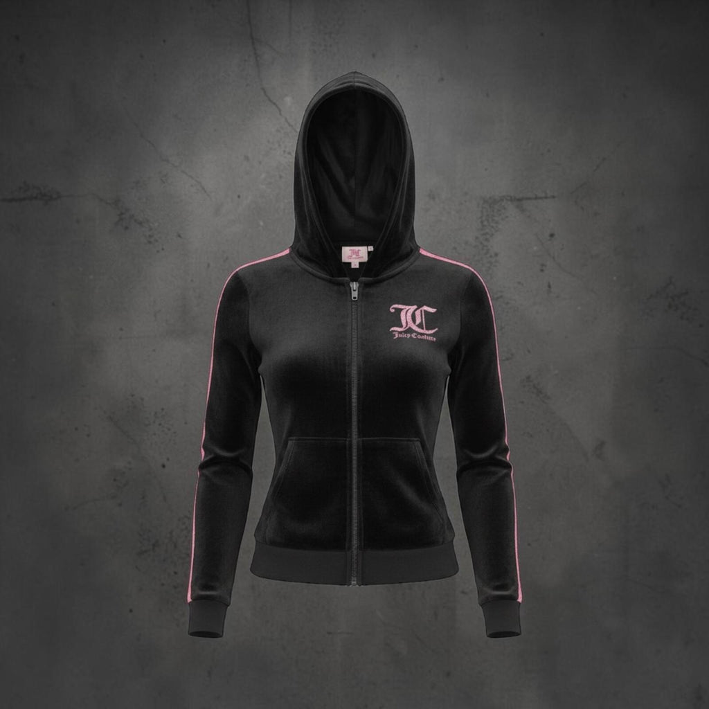 Juicy Couture Black Velour Zip Hoodie with Pink Logo, Size 9