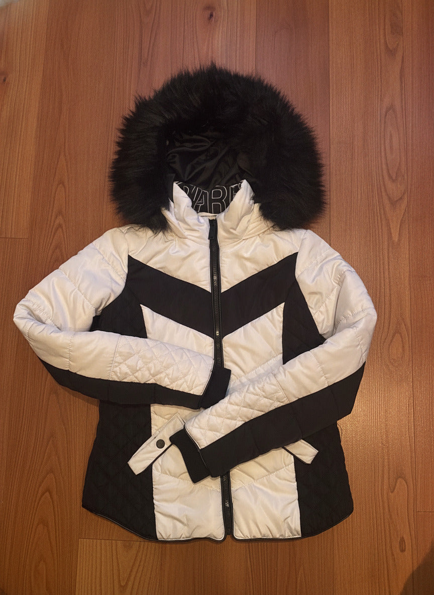 River Island Women's Black and White Quilted Hooded Jacket,