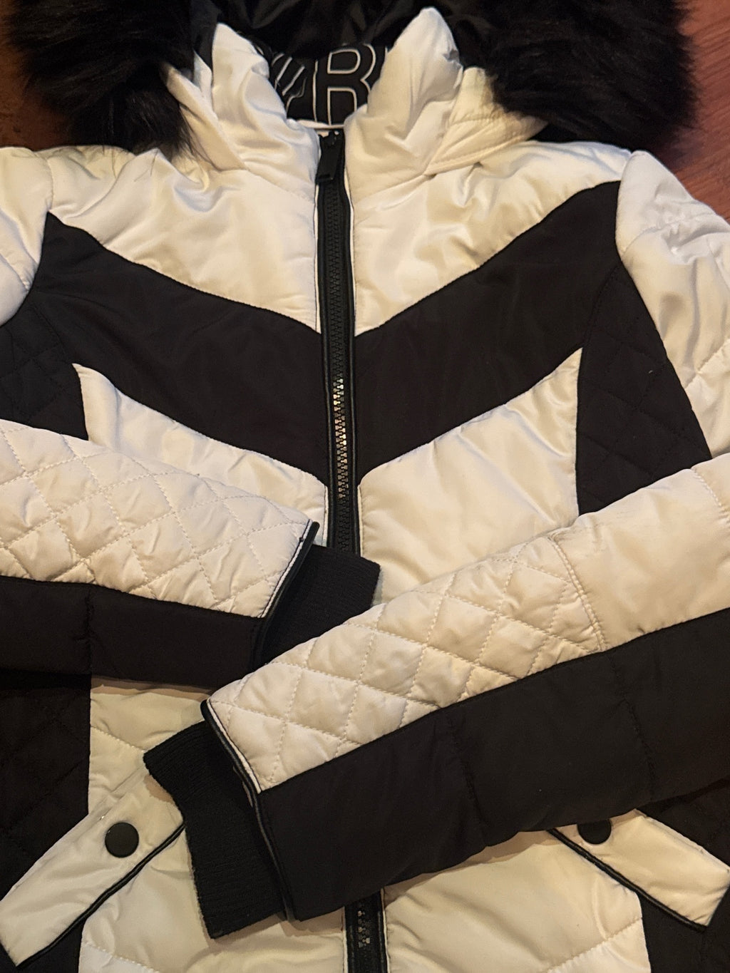 River Island Women's Black and White Quilted Hooded Jacket, - detail image 2