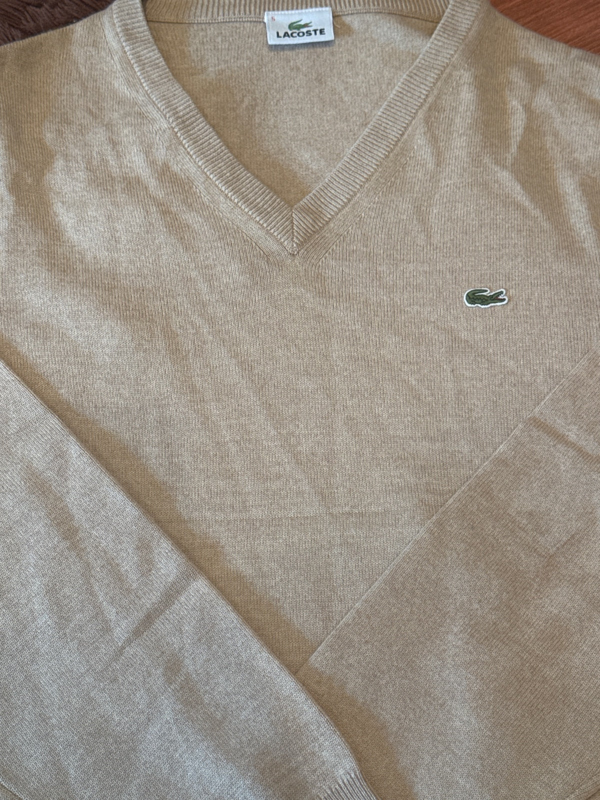 Lacoste Beige V-Neck Sweater with Crocodile Logo Size 5