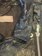 Oasis Black Shiny Faux Leather Biker Jacket Medium - detail image 5