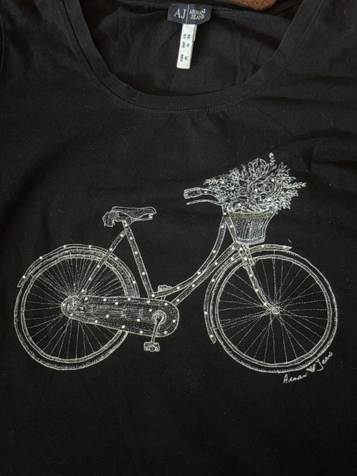 Armani Jeans Black T-Shirt with Bicycle and Flowers Graphic, - detail image 2
