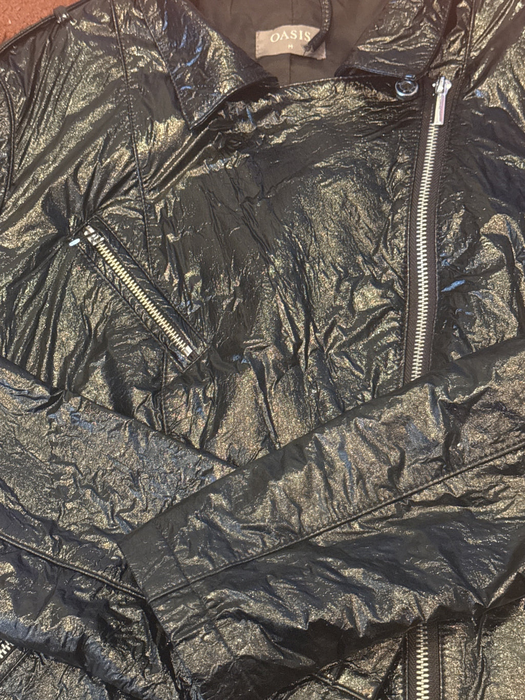 Oasis Black Shiny Faux Leather Biker Jacket Medium - detail image 3