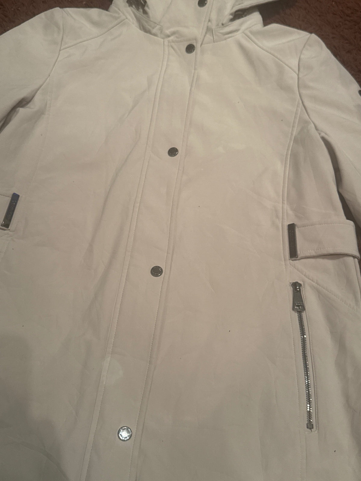 Calvin Klein Cream Hooded Coat with Zip and Snap Closures