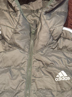 Adidas Puffer Jacket with Hood in Olive Green, Size S