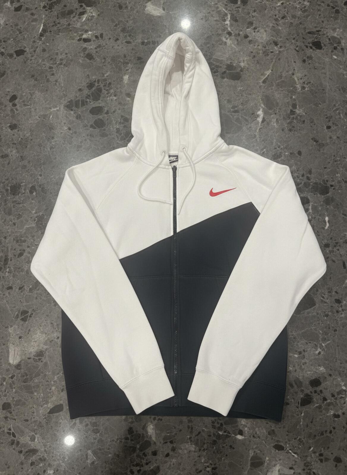 Nike White and Black Zip-Up Hoodie with Red Swoosh Logo