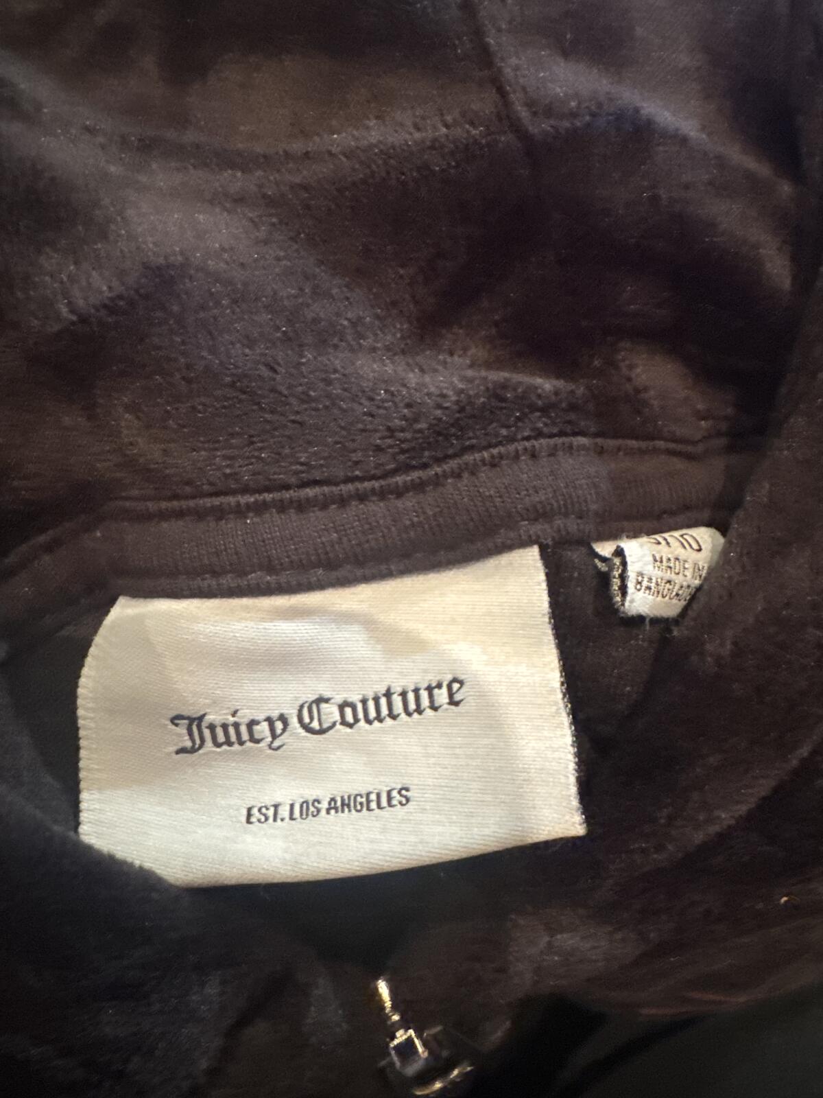 Juicy Couture Black Velour Zip Hoodie with Pink Logo, Size 9