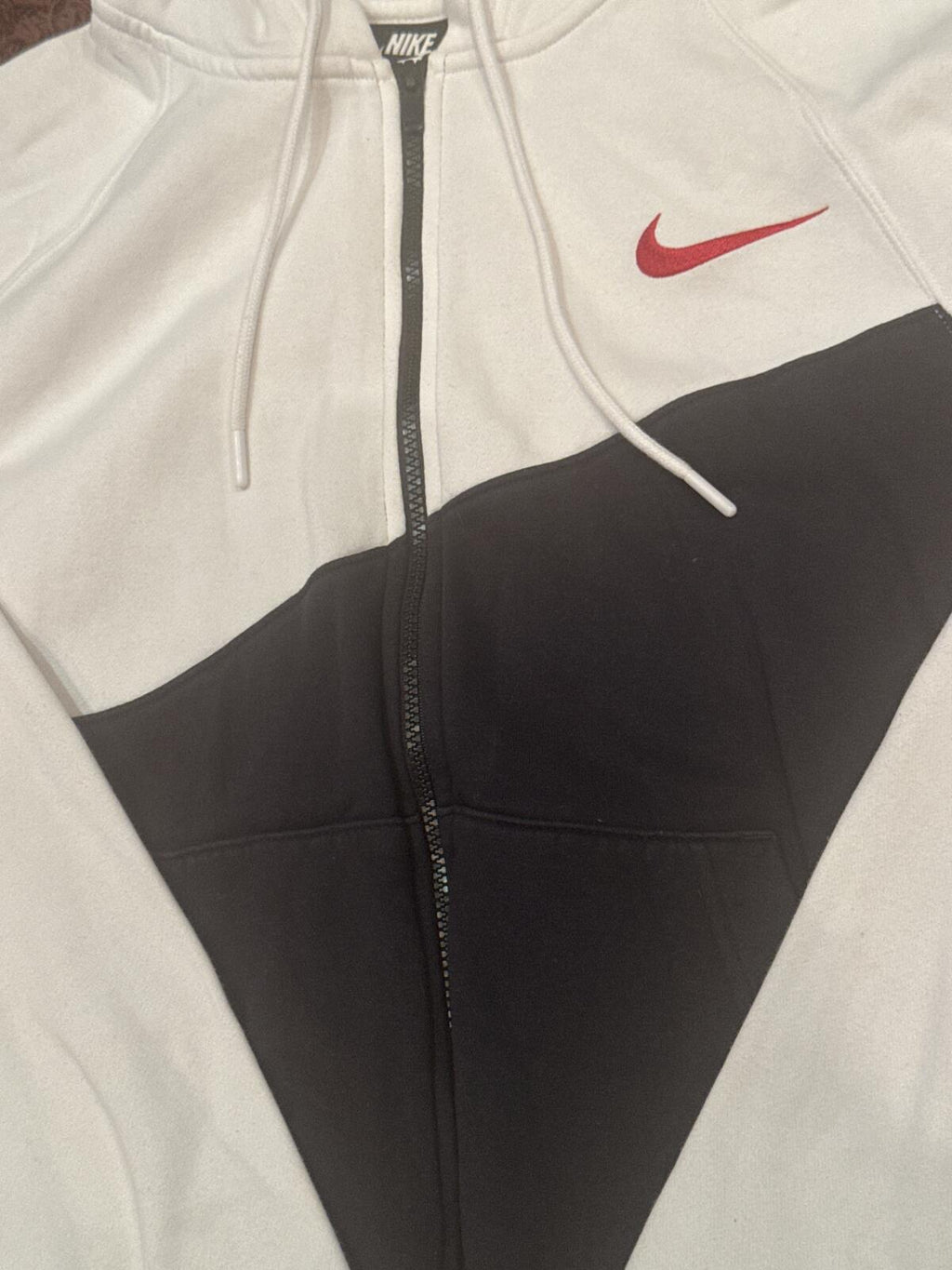 Nike White and Black Zip-Up Hoodie with Red Swoosh Logo