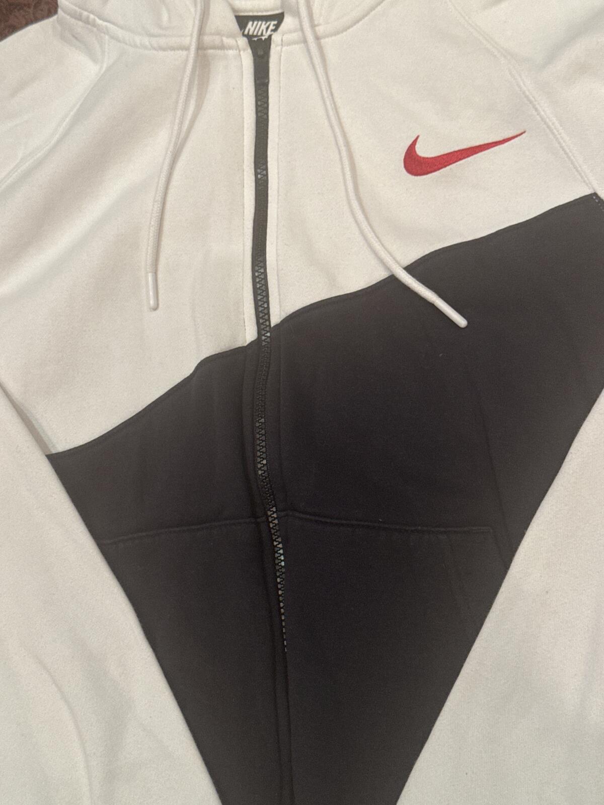 Nike White and Black Zip-Up Hoodie with Red Swoosh Logo