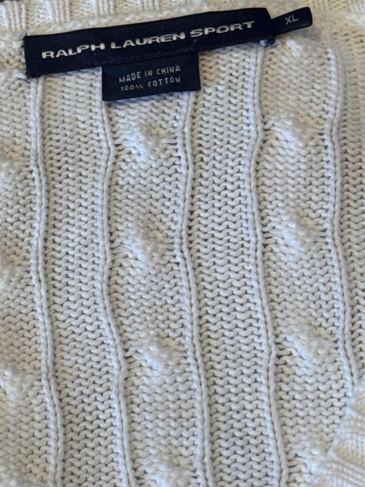 Ralph Lauren Sport Cream Cable Knit Cotton V-Neck Sweater XL