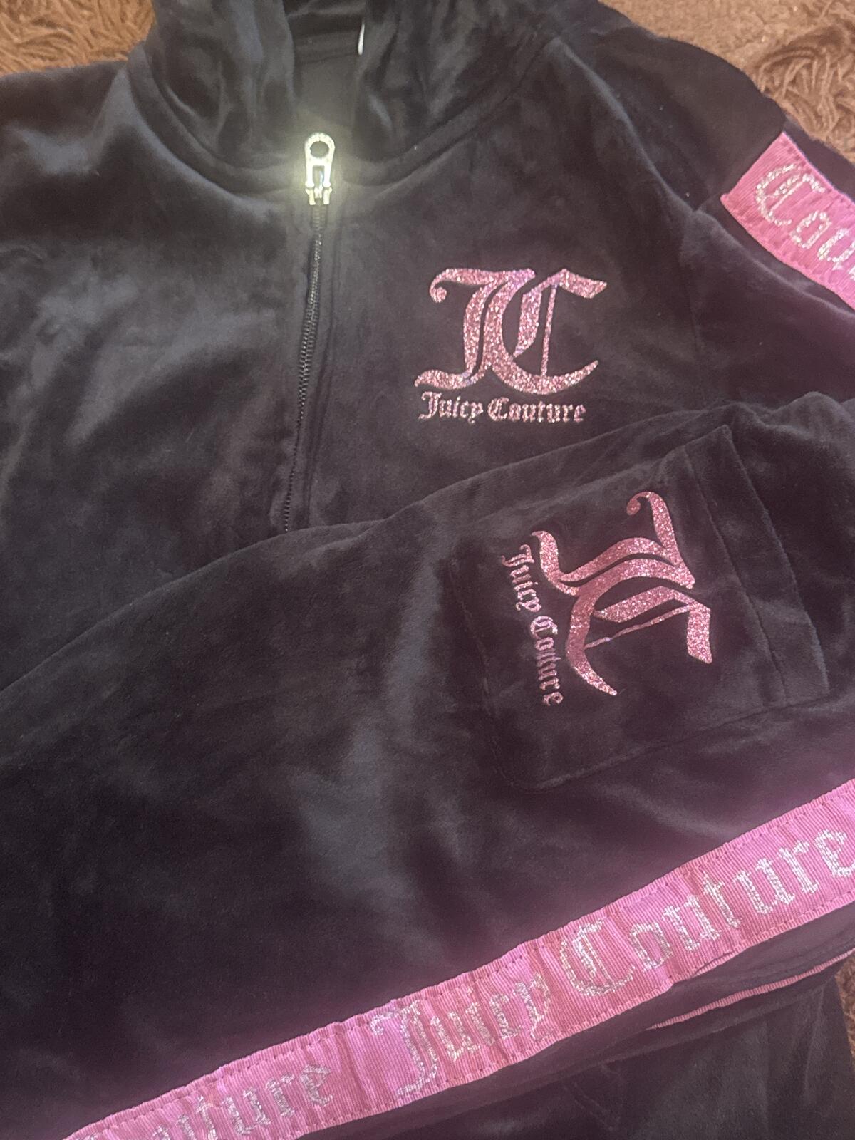Juicy Couture Black Velour Zip Hoodie with Pink Logo, Size 9