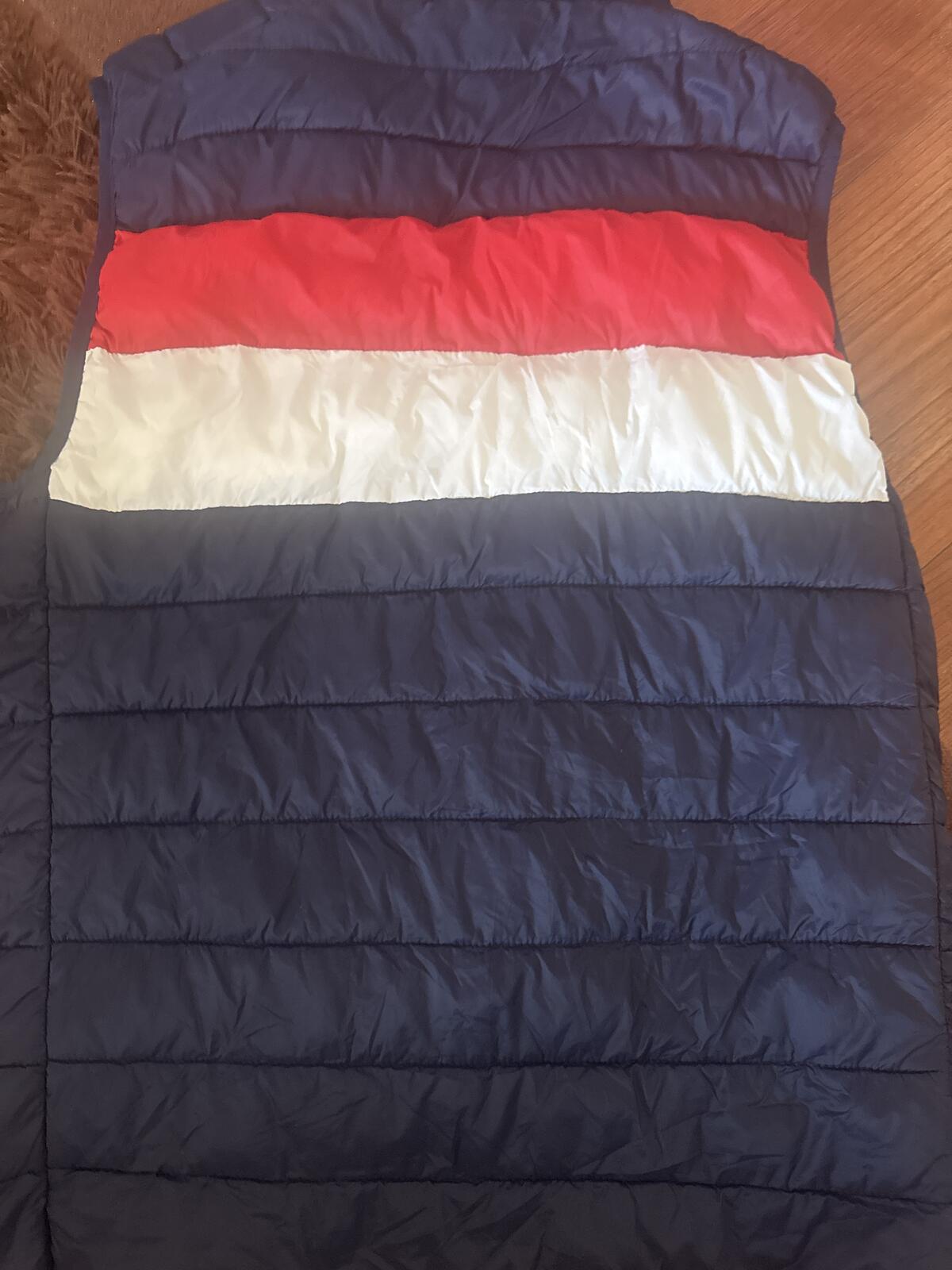 Reebok Men's Puffer Vest Navy Blue with Red and White Stripe