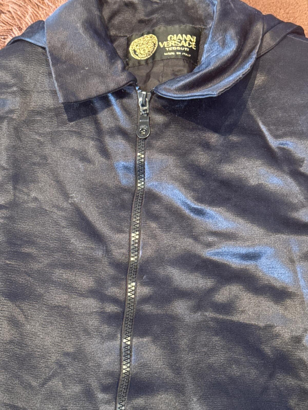 Gianni Versace Tessuti Navy Satin Hooded Zip Jacket Made in