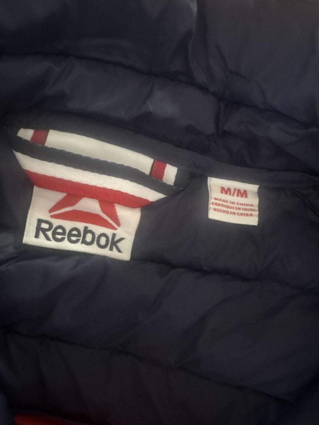 Reebok Men's Puffer Vest Navy Blue with Red and White Stripe