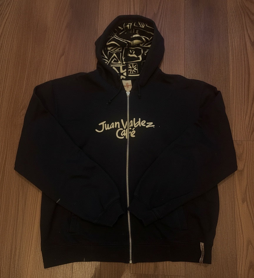 Juan Valdez Café Black Zip-Up Hoodie with Patterned Hood L