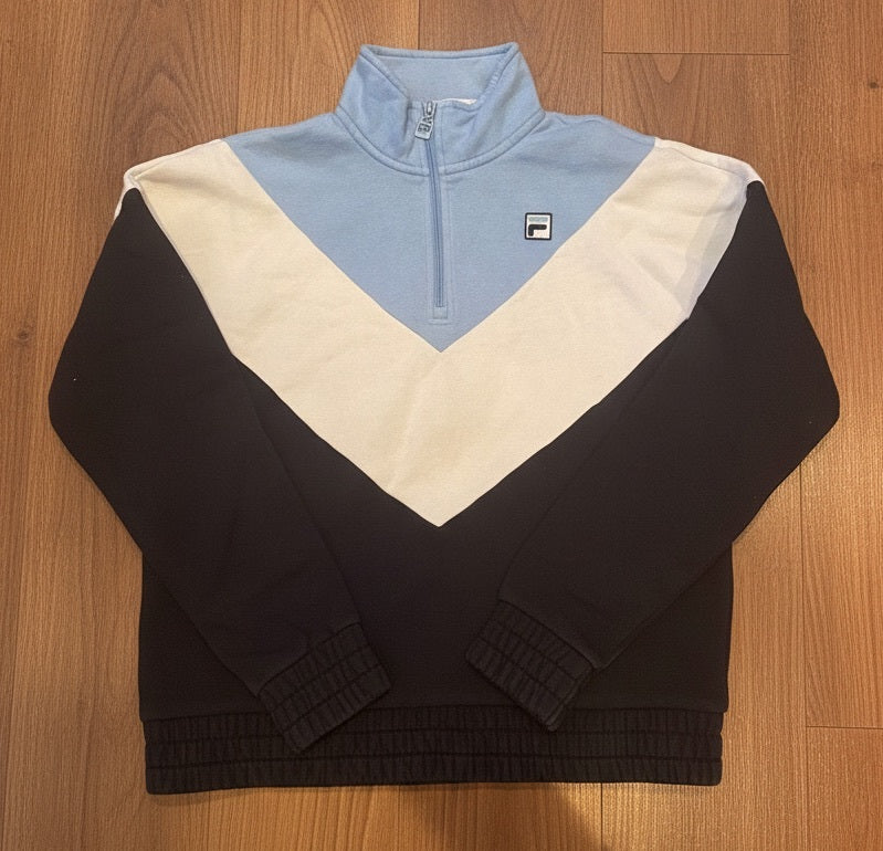Pre-owned Fila light blue, white and black colourblock quarter-zip sweatshirt with chest logo – product photo 1 of 7