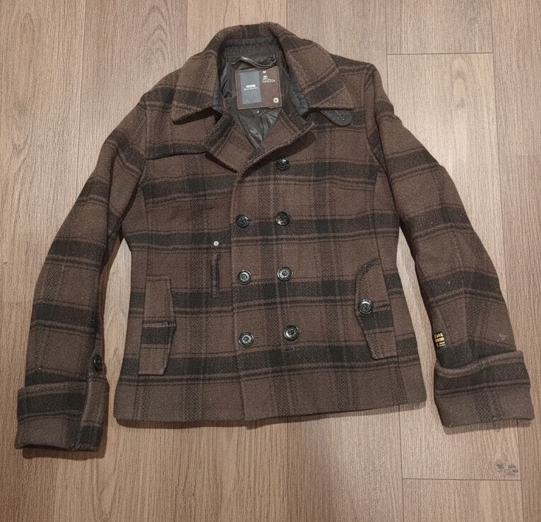 G-Star RAW Brown Plaid Wool Blend Peacoat Jacket Medium
